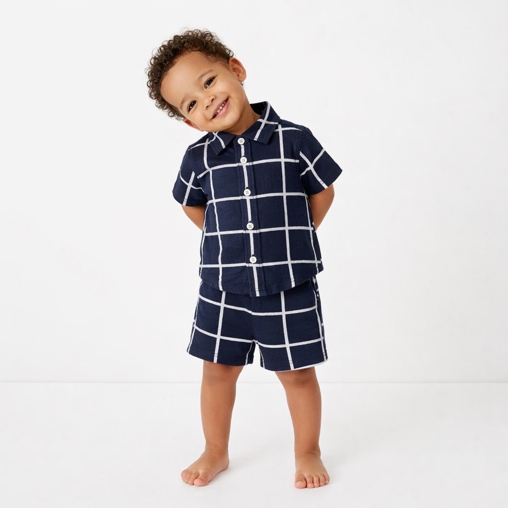NWOT Monica + Andy Organic Cotton Grid Shirt & Shorts Set – Navy/White – 2T
